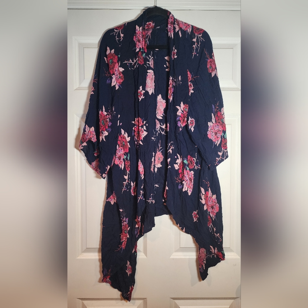 Navy Blue And Pink Floral Kimono Cardigan No Size Approx 31in P2P